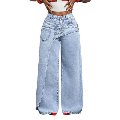 ⏳Tijdelijk Aanbod – Dames Asymmetrische Taille Wijde Pijp Jeans
