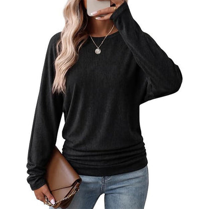 Dames casual losvallend rondhalslangelijkno truimet afhangende schouders, batwingmouwen en gerimpeld zijdesign