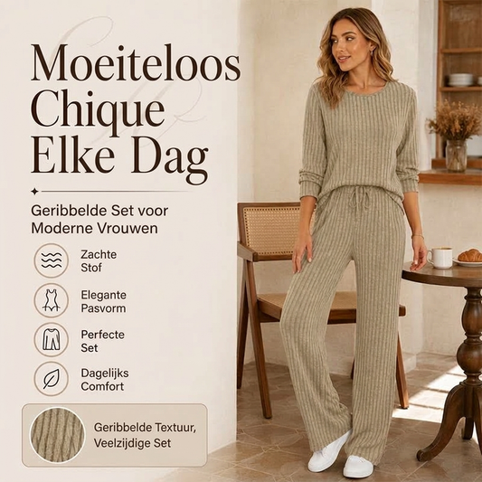Dames set van geribbelde gebreide top en rechte broek